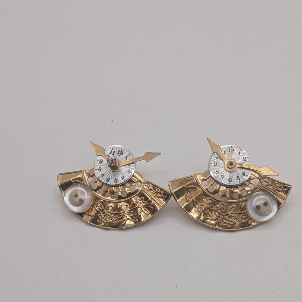 Steampunk Fan Clock Face Post Earrings‎ Gold Tone Whimsical Eclectic Jewelry